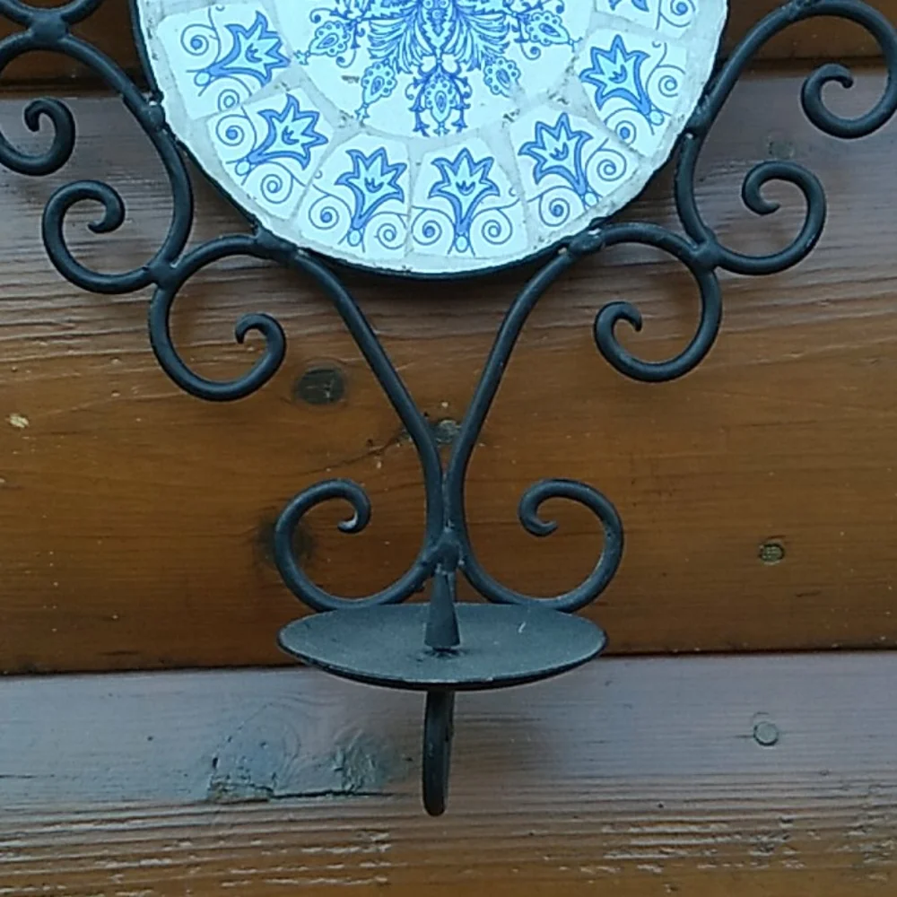 MOSAIC TUSCAN WROUGHT IRON WALL SCONCE Candle Tile VINTAGE Delft Blue